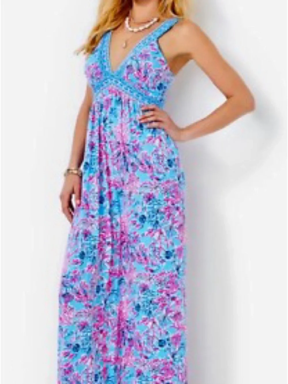 lilly pulitzer empire waist dress Lilly Pulitzer Pink Aqua Blue Floral Dress 6 6X Empire Waist Swirl Eyelet Hem